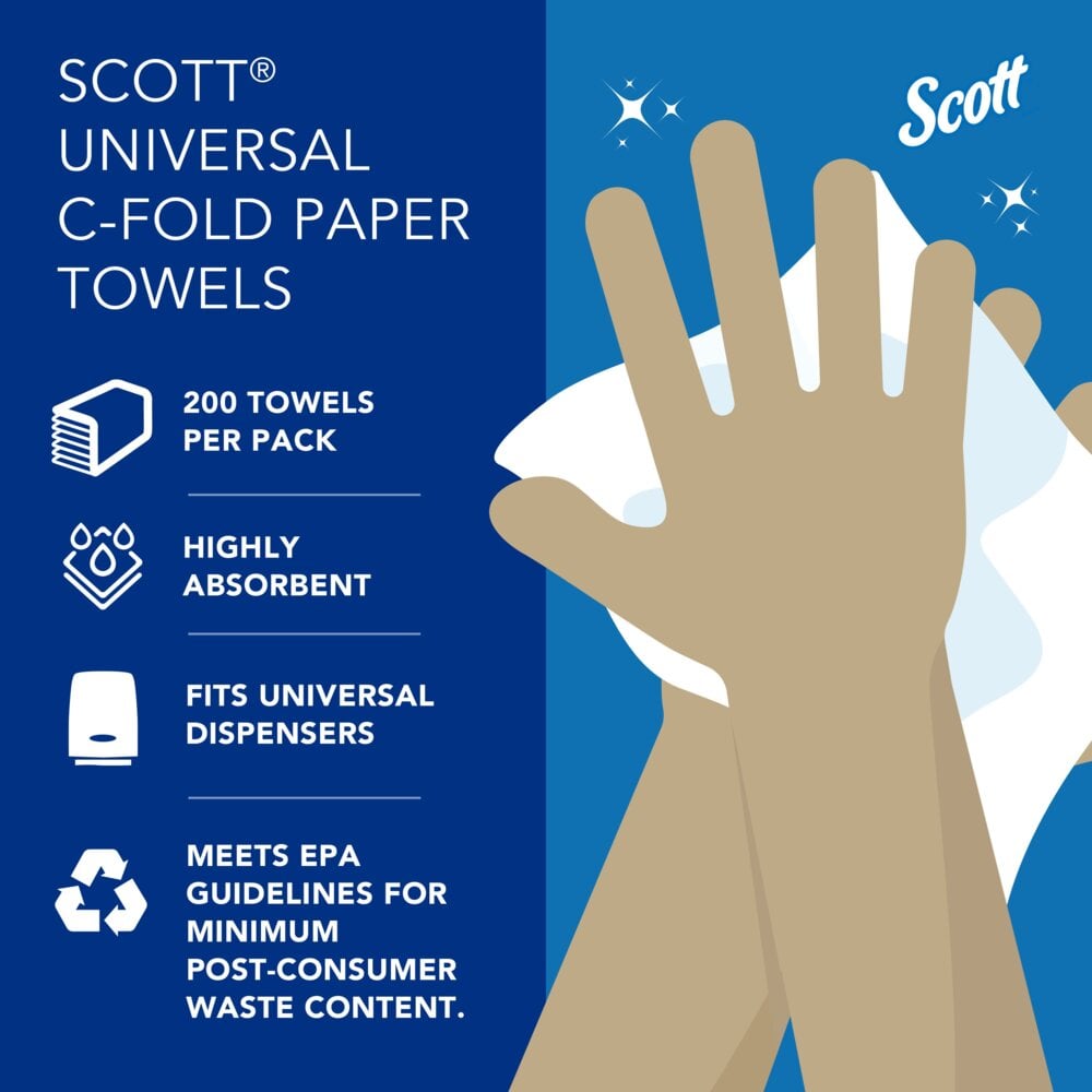 Scott® Essential C-Fold Paper Towels (01510), with Fast-Drying Absorbency Pockets™, White, (12 Packs/Case, 200 Sheets/Pack, 2,400 Sheets/Case) - 01510