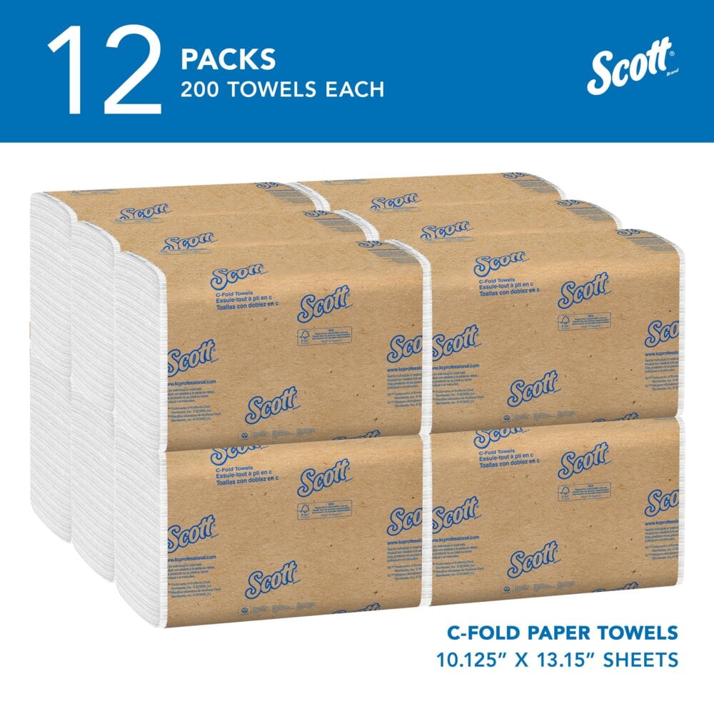 Scott® Essential C-Fold Paper Towels (01510), with Fast-Drying Absorbency Pockets™, White, (12 Packs/Case, 200 Sheets/Pack, 2,400 Sheets/Case) - 01510