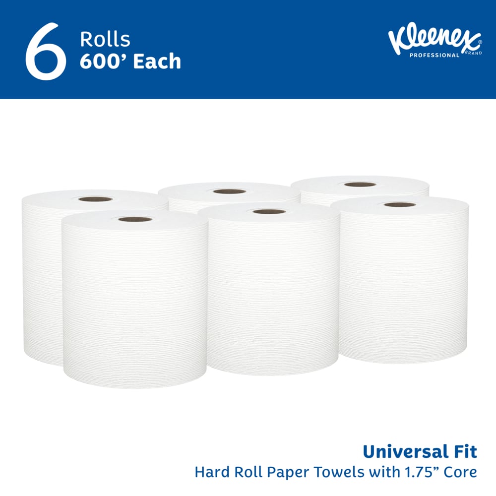 Kleenex® Universal Hard Roll Paper Towels (50606), 1.75" Core, with Premium Absorbency Pockets™, White, (600'/Roll, 6 Rolls/Case, 3,600'/Case) - 50606