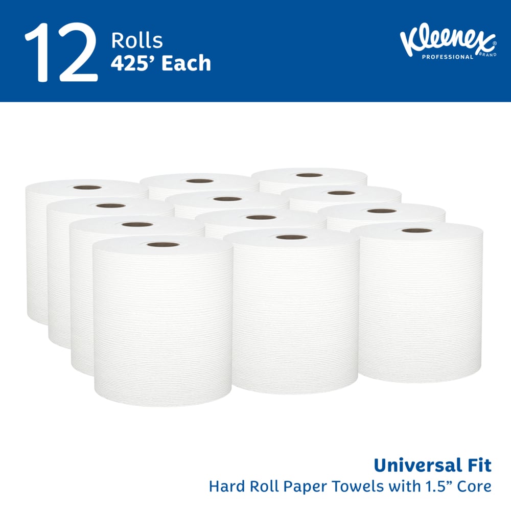 Kleenex® Universal Hard Roll Paper Towels (01080), 1.5" Core, with Premium Absorbency Pockets™, White, (12 Rolls/Case, 425'/Roll, 5,100'/Case) - 01080