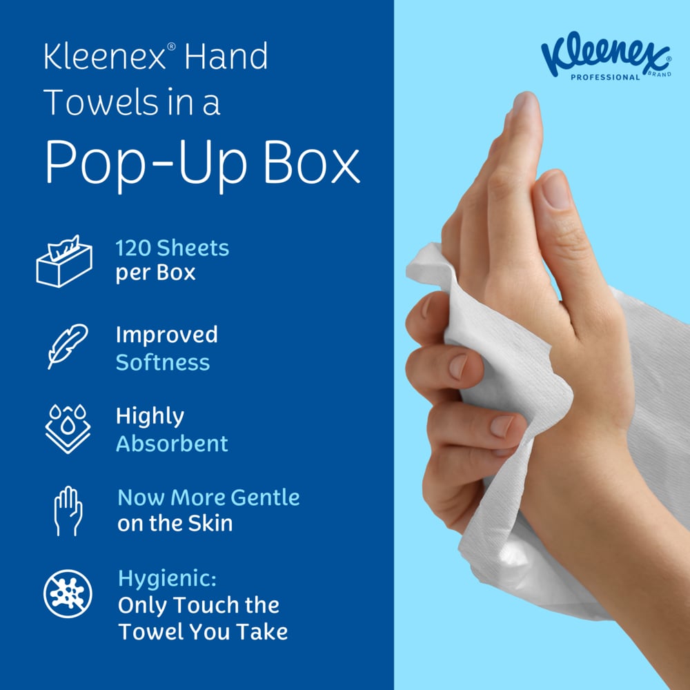 Kleenex® Hand Towels (01701), with Premium Absorbency Pockets™, Pop-Up Box, White, (18 Boxes/Case, 120 Sheets/Box, 2,160 Sheets/Case) - 01701